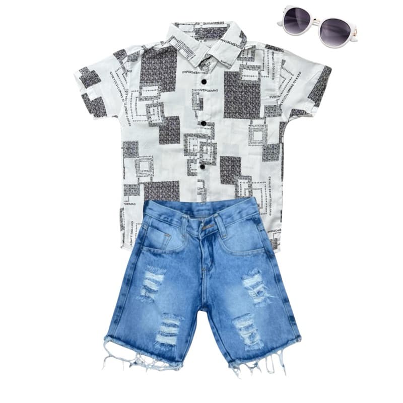 Conjunto Menino Infantil Camisa Social Quadriculada Com Short Jeans Claro 04 Juvenil