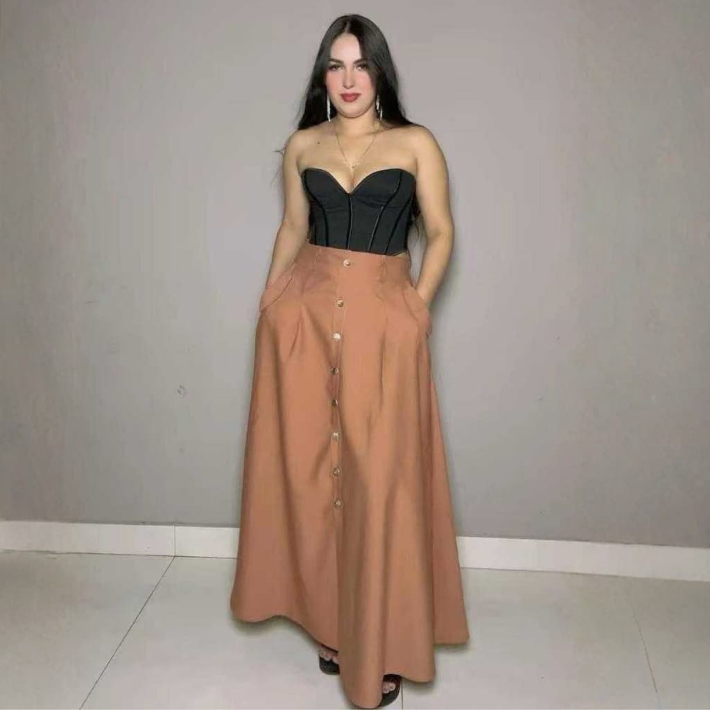 Saia Longa Feminina Com 8  Botões Na frente e Estilo Alfaiataria Cintura Alta  e tecido Sensorial