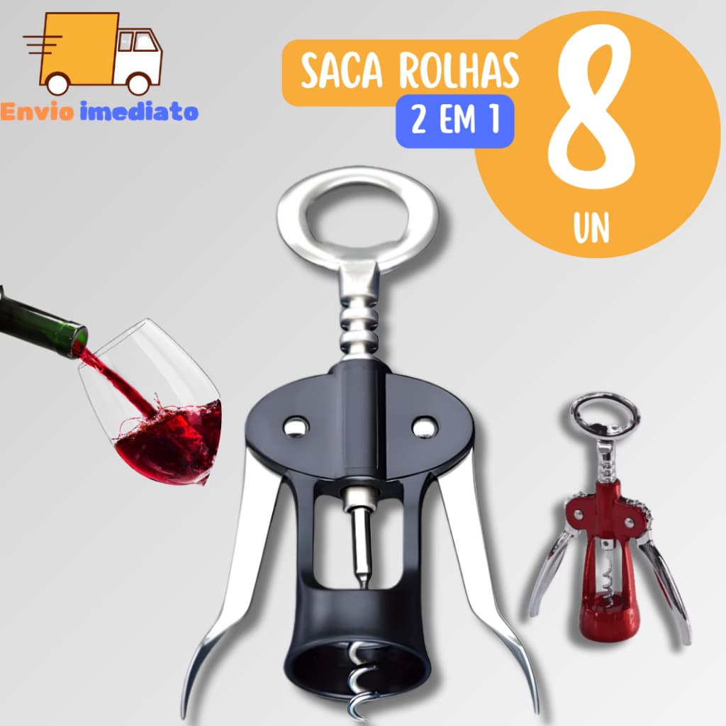 8 Saca Rolhas Abridor de Garrafa Inox 2 em 1Reforçado Manual para Casa Cozinha Adega Vinícola Bar