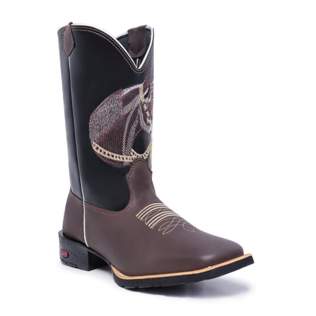 Texana em Couro Legítimo Café/Preto com Bordado de Cavalos Estilo, Conforto Premium e Durabilidade