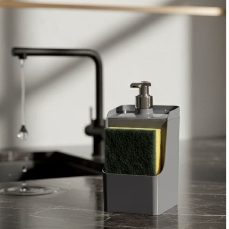 Porta Detergente Com Suporte Para Bucha Cinza Dispenser De Pia Prático