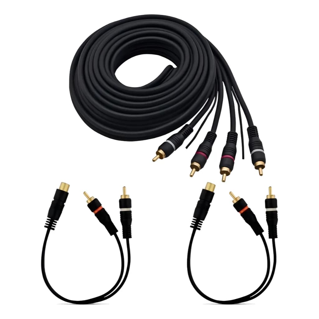 Cabo RCA 2x2 5m + 2 Adaptadores Y 1M/2F – Som Automotivo Módulo Amplificador