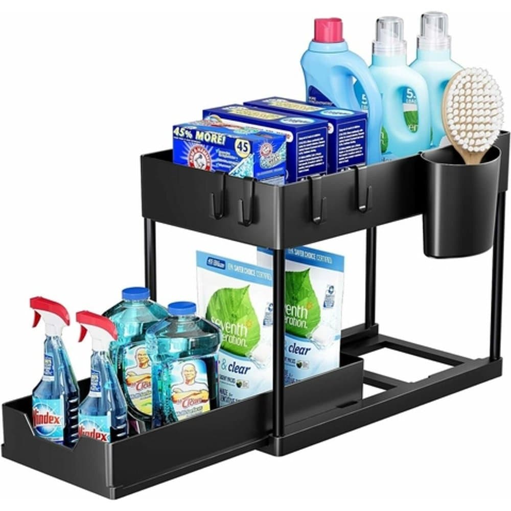 Organizador de Bancada 2 Andares com Bandeja Retrátil – Preto / Branco