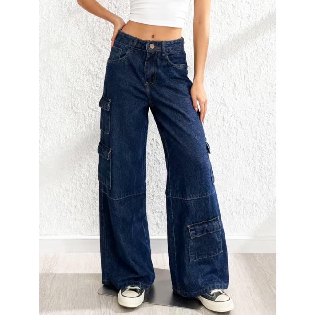 Calca jeans cargo Com 4 bolso cintura alta wide leg Estiloso Bloqueira (tamanho menor)