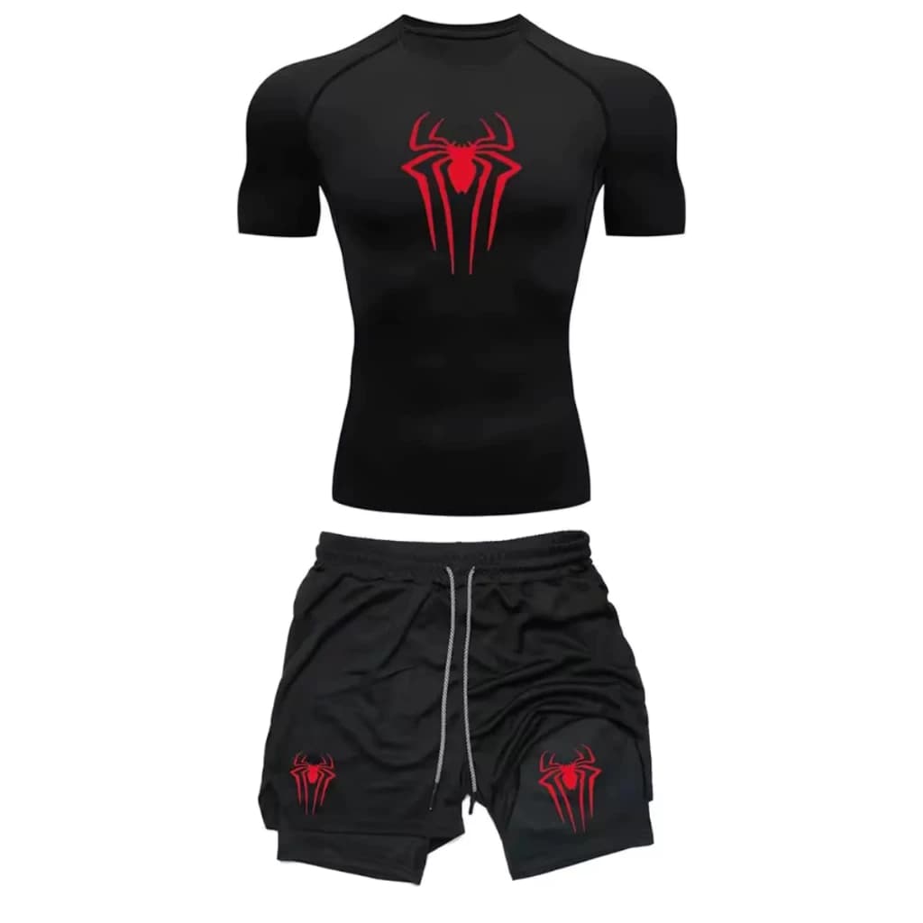 Kit Camiseta de Compressão Fit + Short Bermuda Academia Gym Spider Homem Aranha Treino Dry-fit UV+