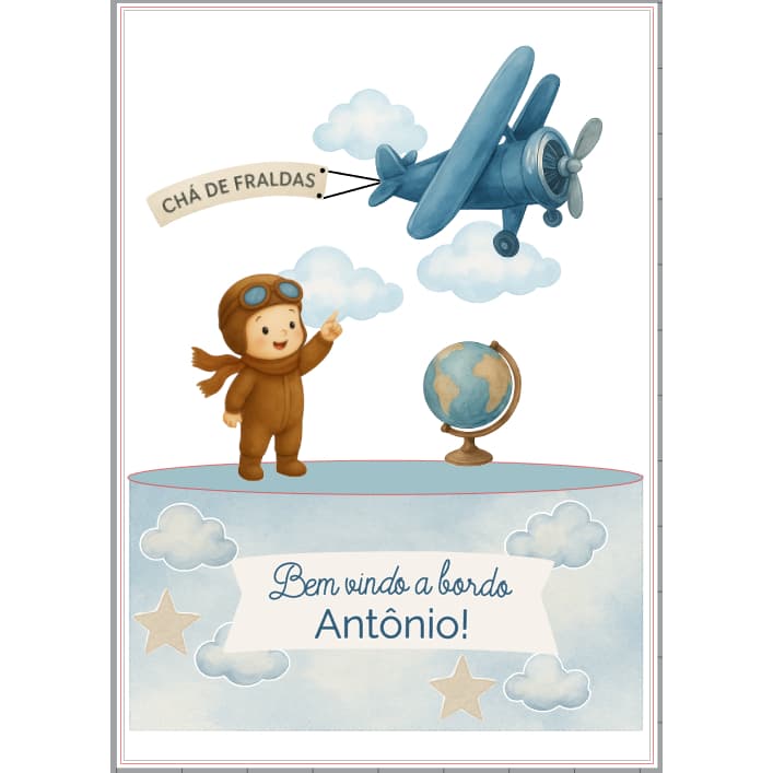 ✈️ Topo de Bolo Chá de Fraldas Aniversário Mesversário Aviador Menino