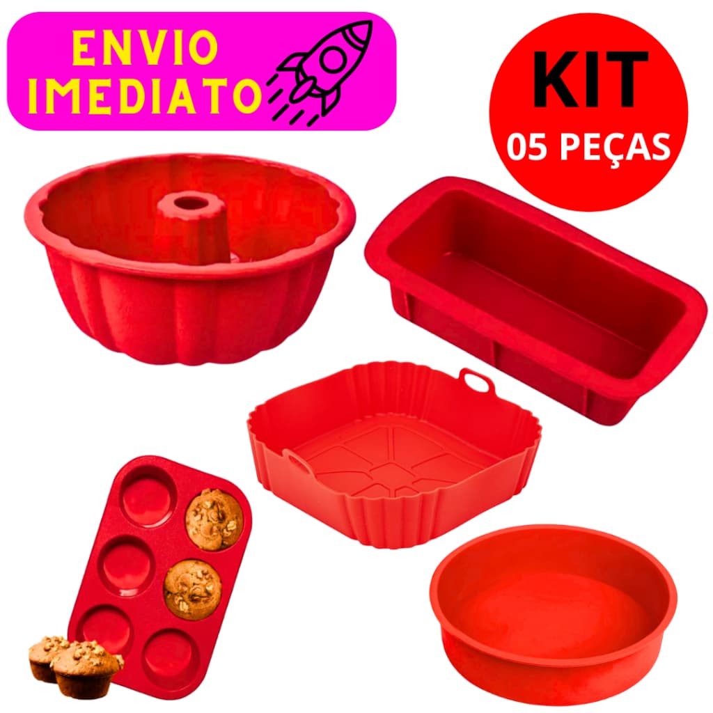 Kit 05 Formas 01 Forma de Bolo 01 Forma de Pudim 01 Forma de Pão 01 Forma de Cupcake
