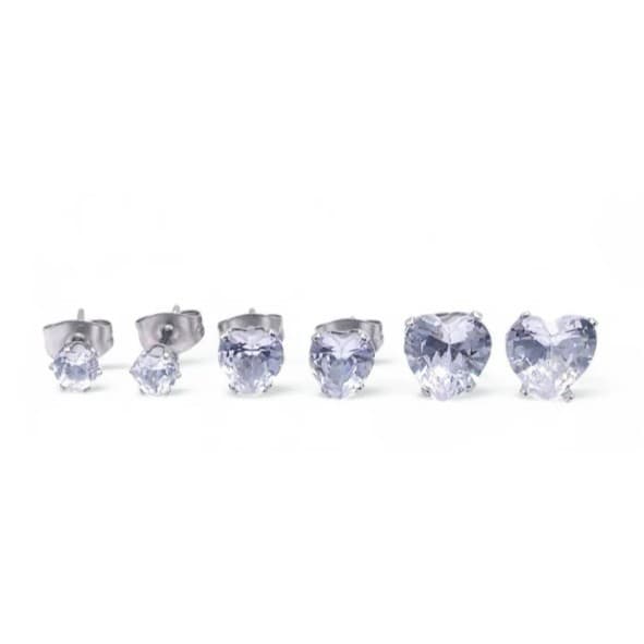 Trio de brincos de aço inox, Zircônia formato Coração tamanhos distintos