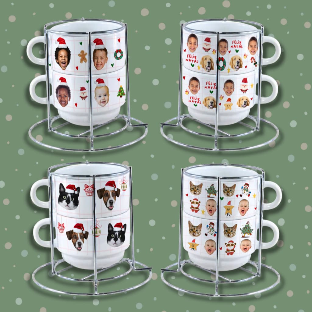 Xícaras personalizadas Natal - 150 mls - Com foto, nome e figuras - Opção com Torre e sem