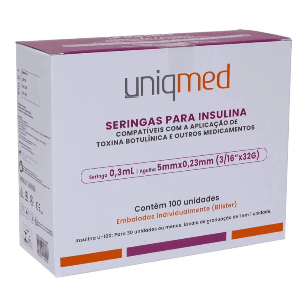 Seringa Para Insulina Botox 0,3ml C/agulha Fixa 5mmx0,23mm(3/16x32g) 100inid Uniqmed