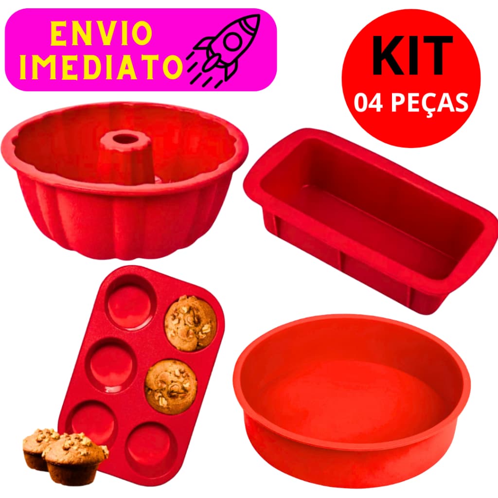 Kit 04 Formas 01 Forma de Bolo 01 Forma de Pudim 01 Forma de Pão 01 Forma de Cupcake