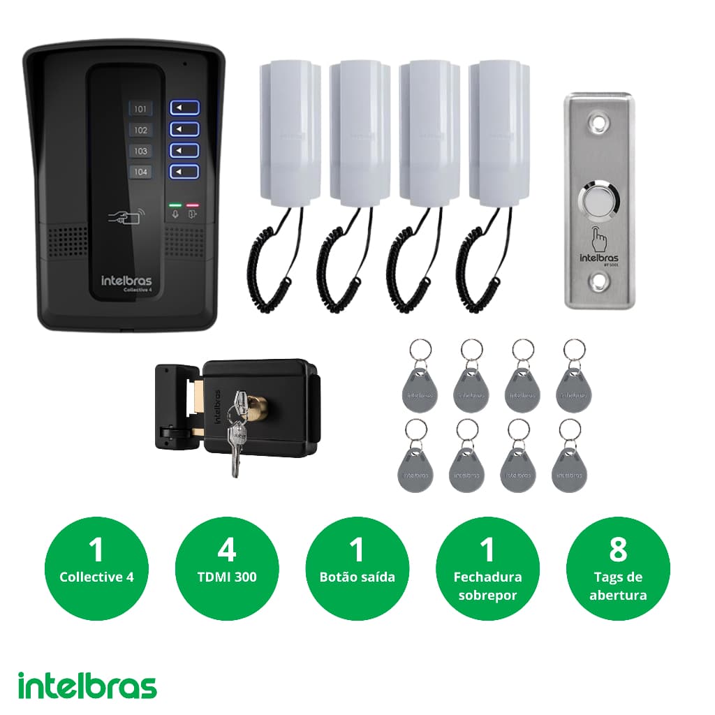 Kit Collective 4i com 4 Tdmi 300 1 Fechadura FX500 1 Botão de Saída 8 Tags Intelbras