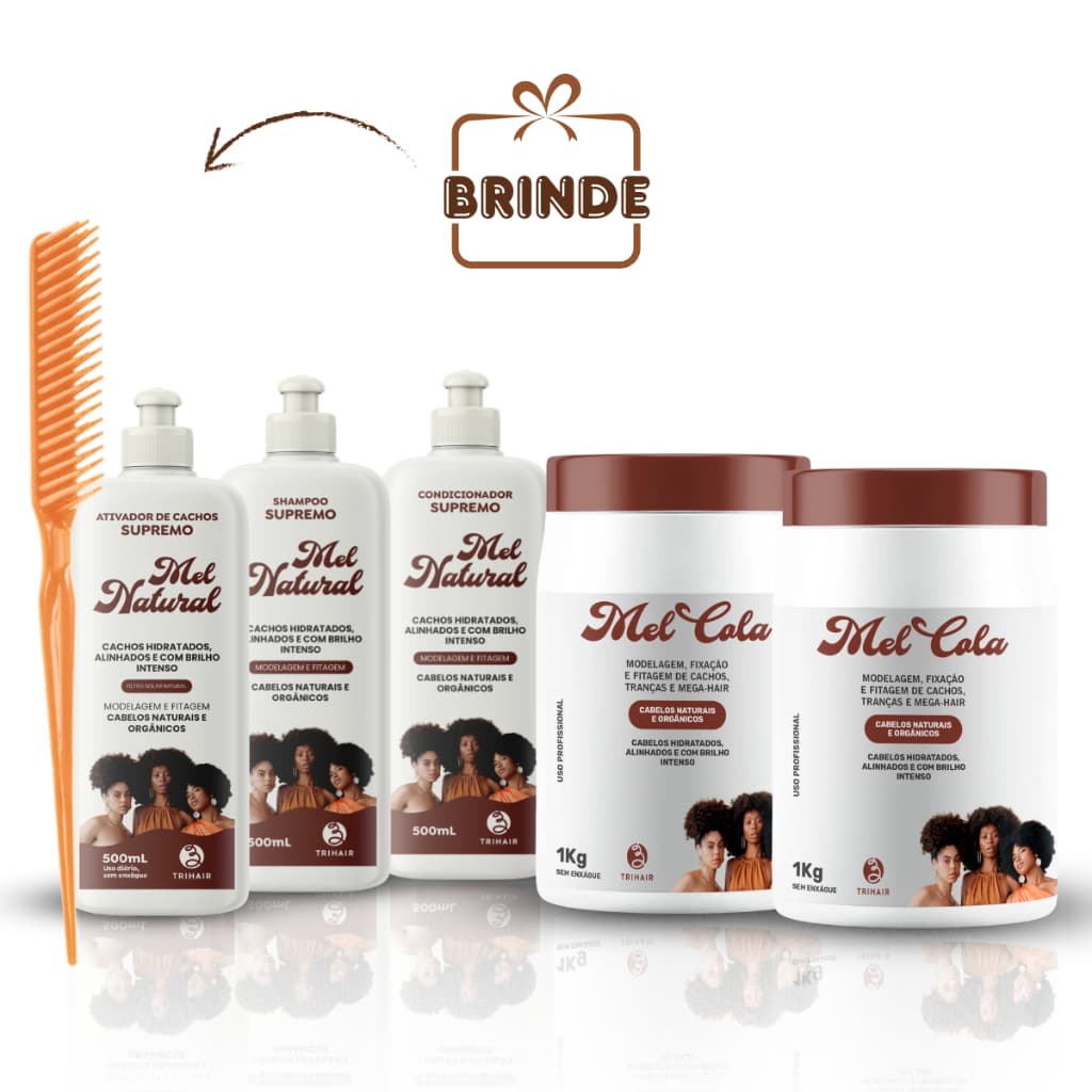 Kit 2 Mel Cola Trihair 1kg  + Shampoo + Condicionador + Ativador de Cachos Supremo + BRINDE