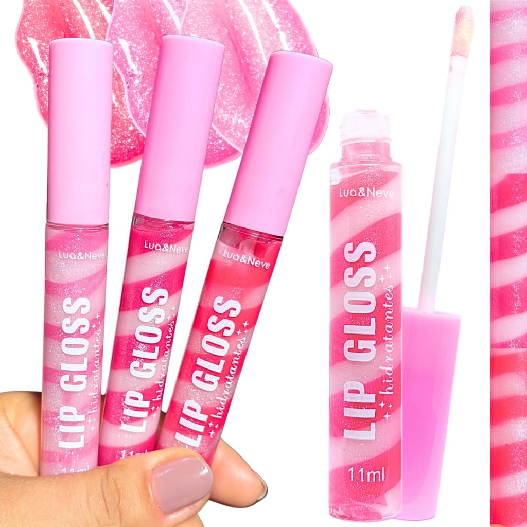 Kit 3 Lip Gloss Labial Hidratante Glitter em Espiral Bicolor e Incolor Efeito Natural Lua e Neve