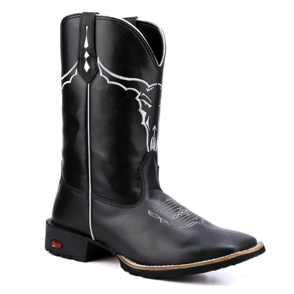 Texana em Couro Legítimo Preto com Bordado Boi Branco Estilo Clássico Conforto Premium, Durabilidade