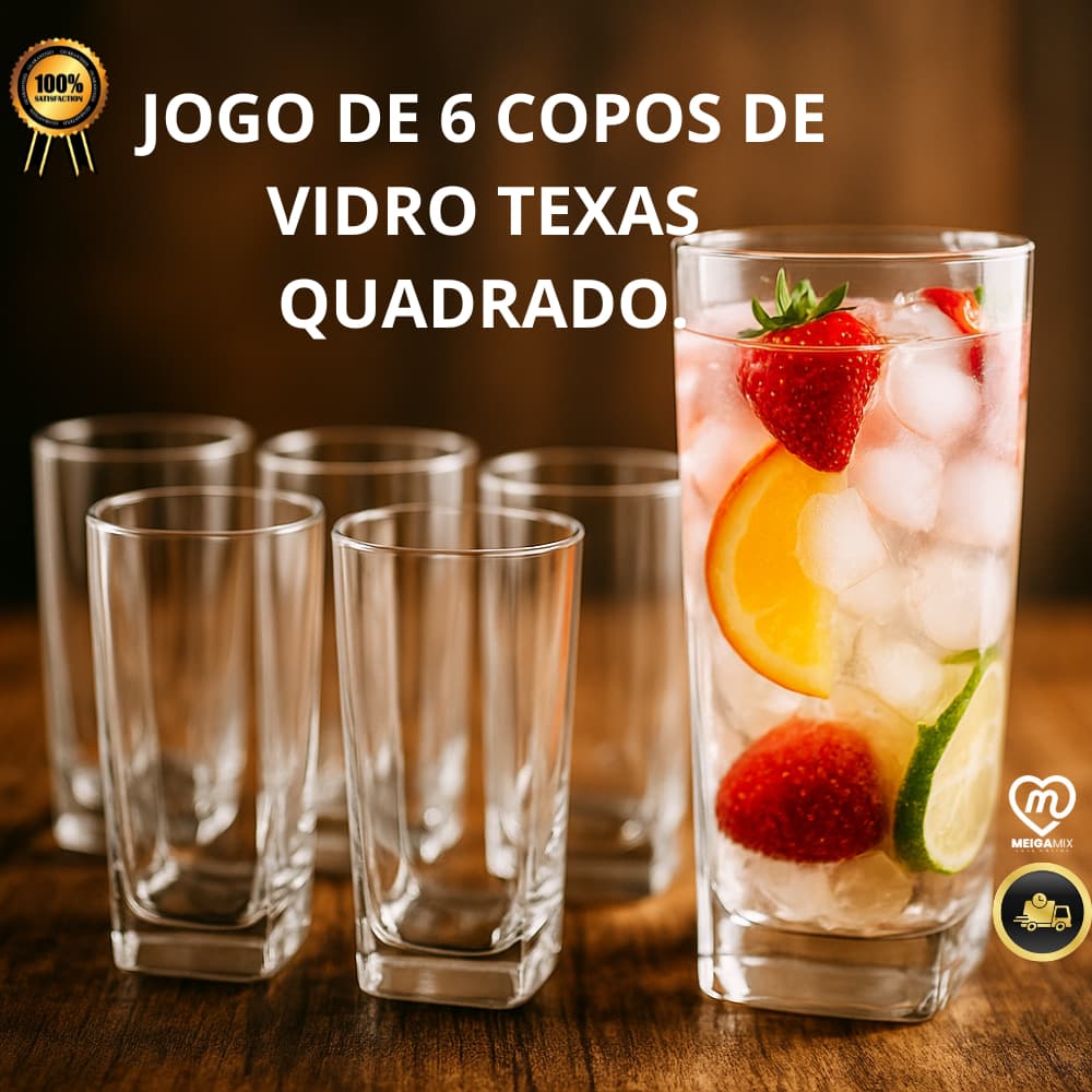 Jogo De 6 Copos De Vidro Texas Quadrado Luxo Transparente 320Ml Kit 6 Copos Texas Quadrado 320ML
