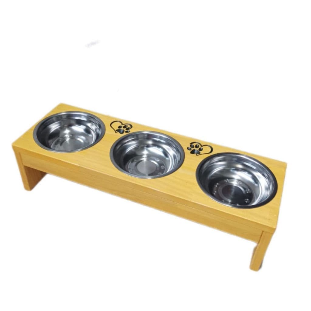 Comedouro Madeira Elevado Triplo Cachorro Gatos Pet Pote Alimentador Ração