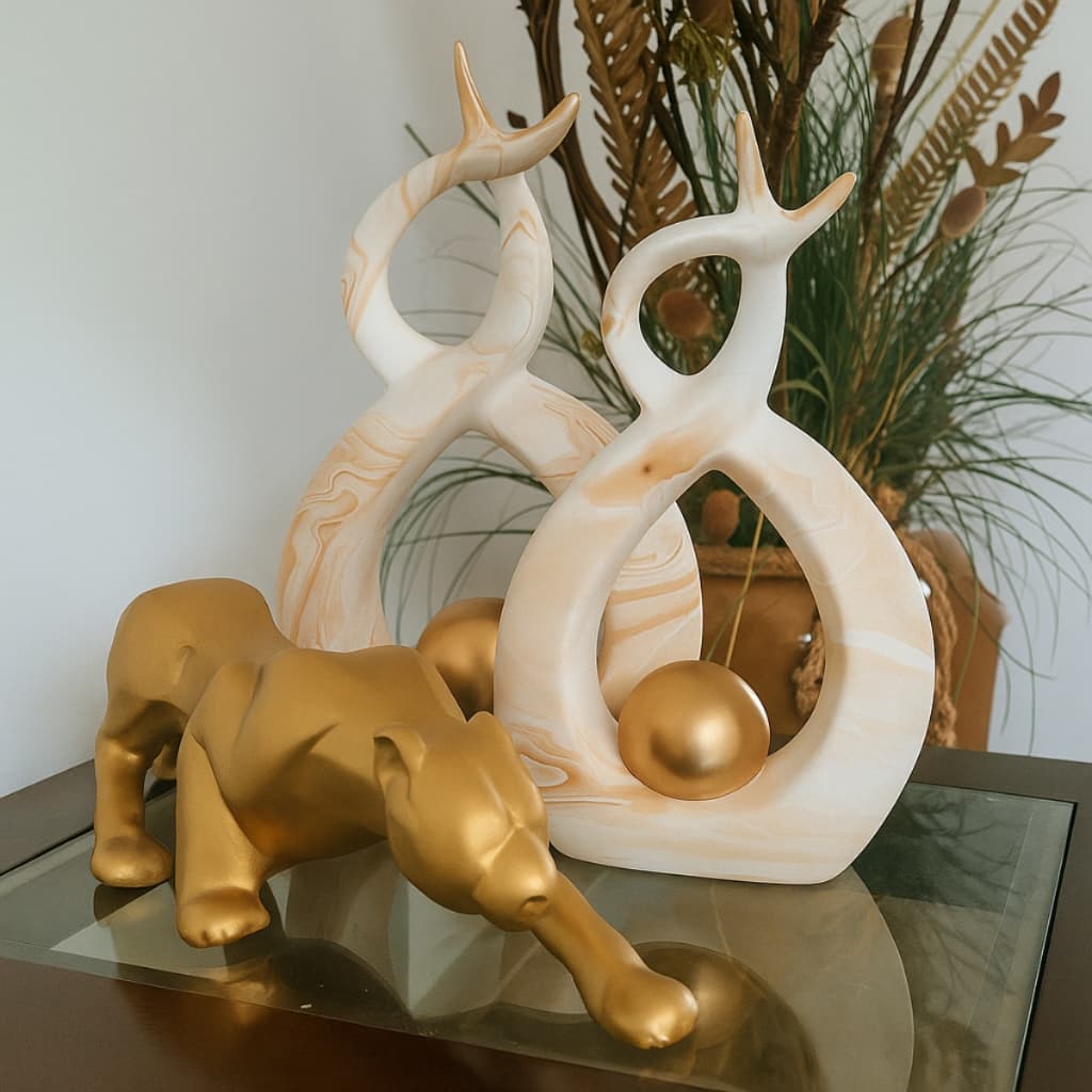 Conjunto Enfeite Dupla + Pantera Cerâmica Kit Decoração Luxo Sala Rack Estante