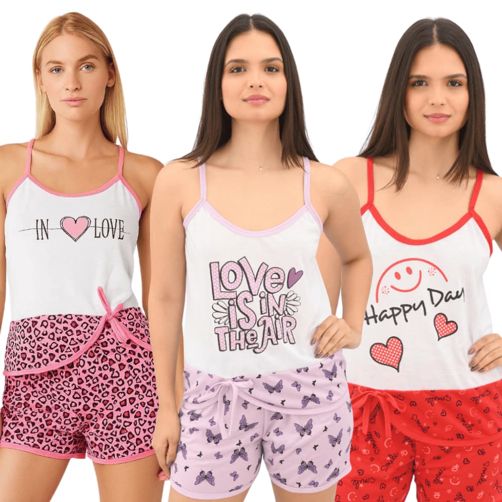 Pijama Feminino Alcinha com Short Malha PP 100% Poliéster Confortável