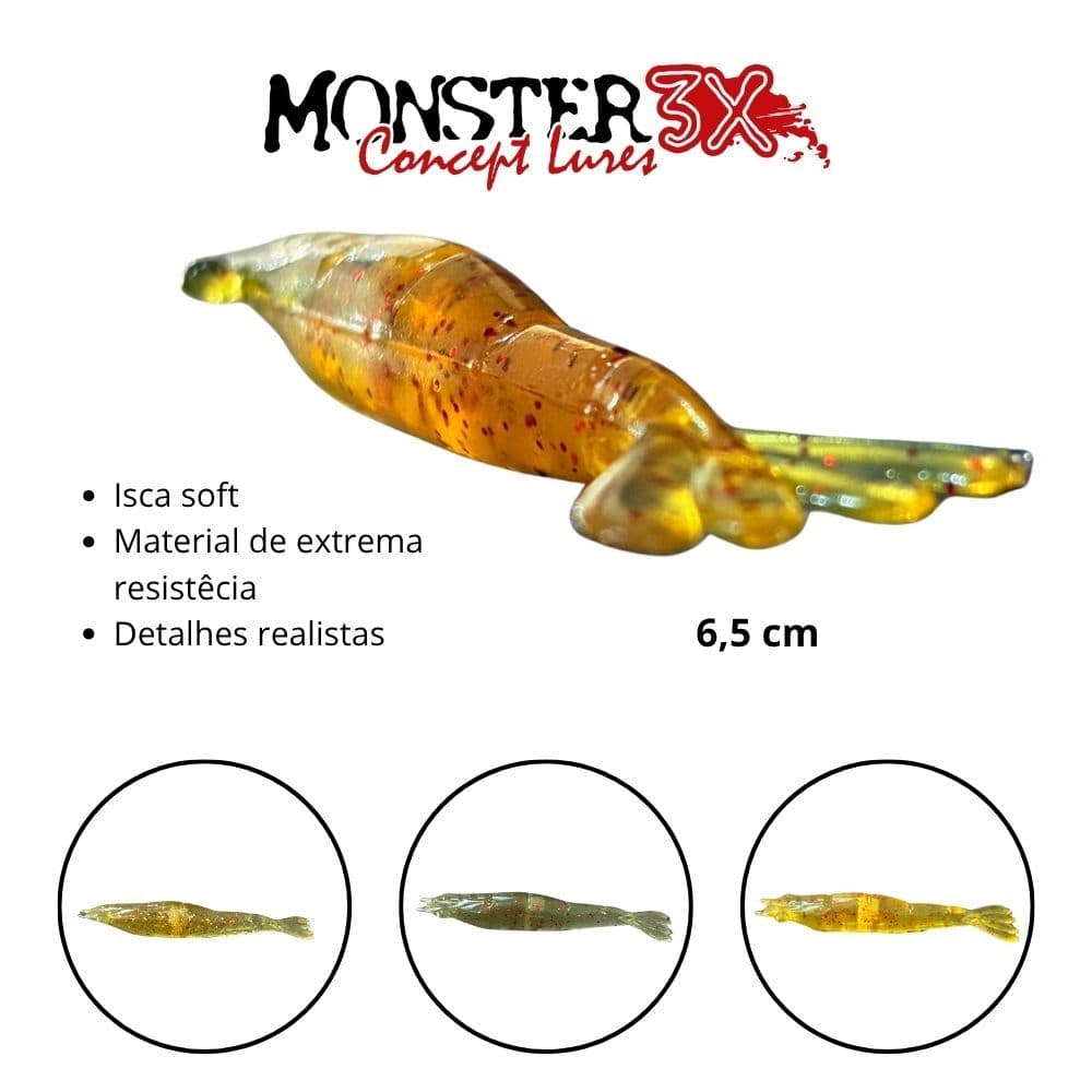 Isca artificial camarão – Camarão Baby Soft Monster 3x – 6,5cm – Camarão artificial – Robalo