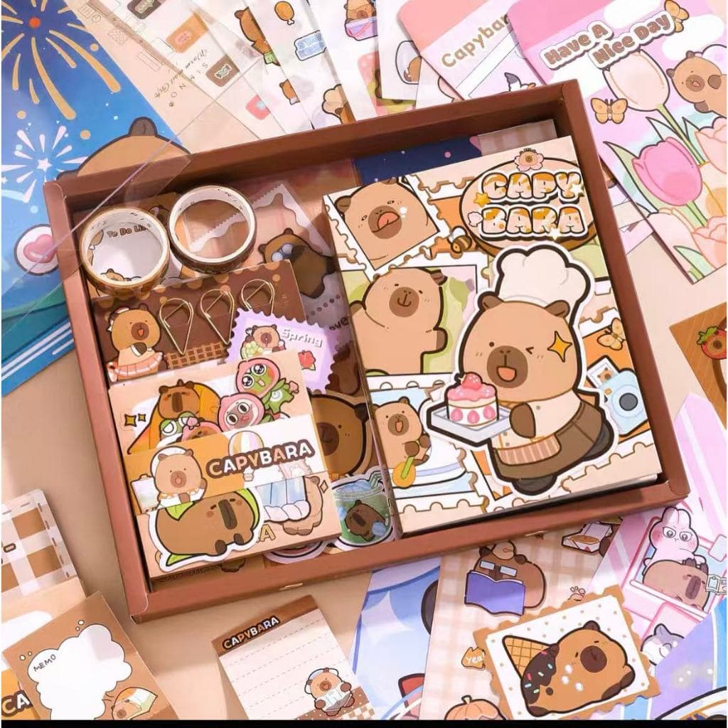 Kit DIY Scrapbooking Journal Papelaria Capivara Fofa com Stickers Washi Tape Papel