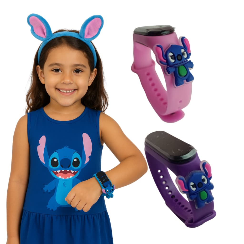 Relógio Infantil Digital Stitch Disney  Á Prova De água Led azul