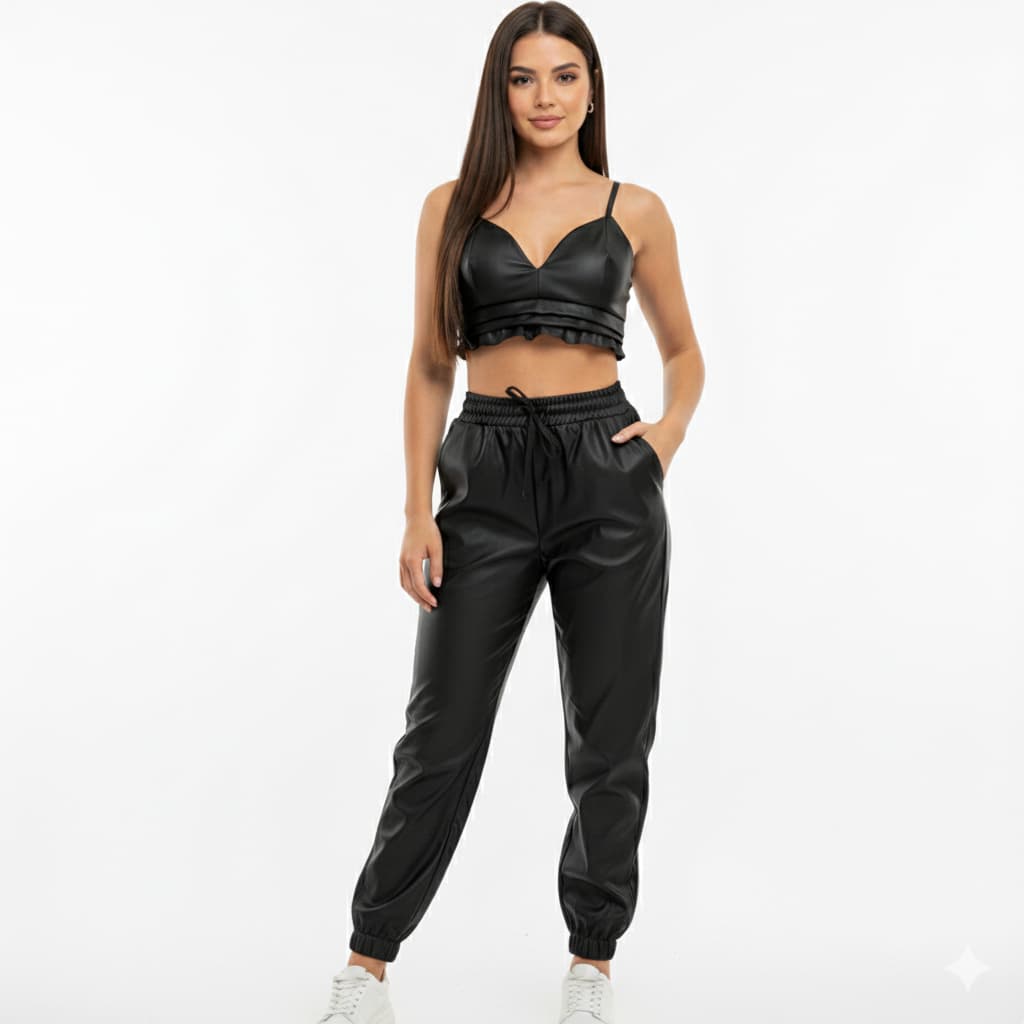 Conjunto Calça Jogger e Cropped Couro Fashion Premium