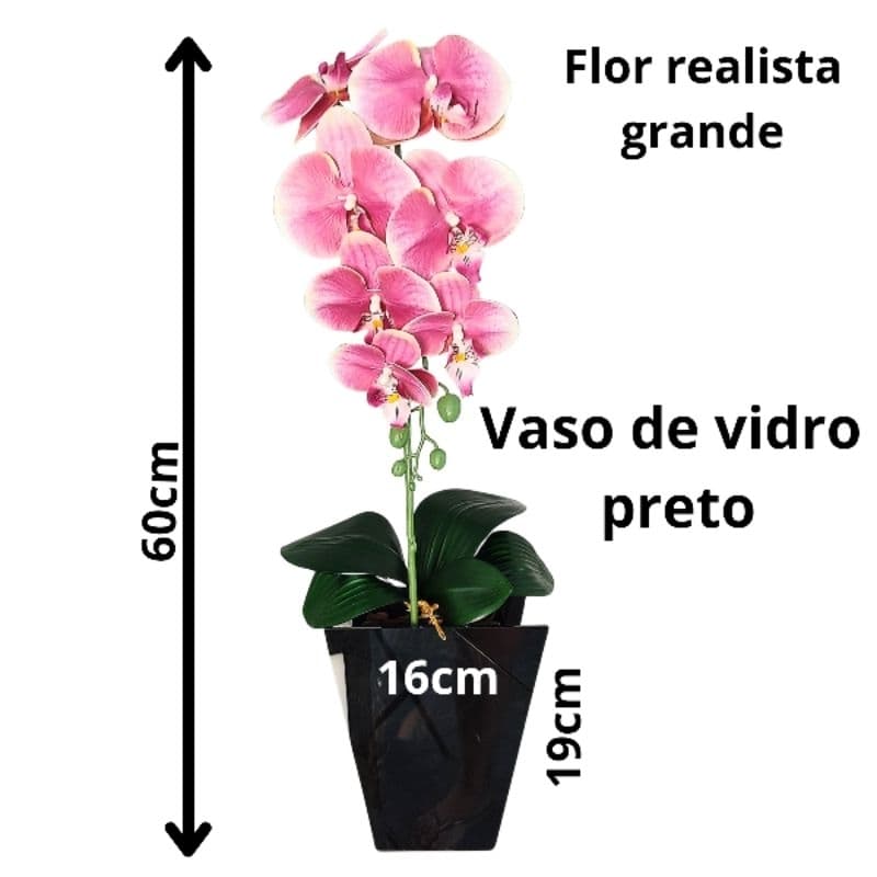 Arranjo de Orquídea 3d realista Grande com vaso de vidro preto