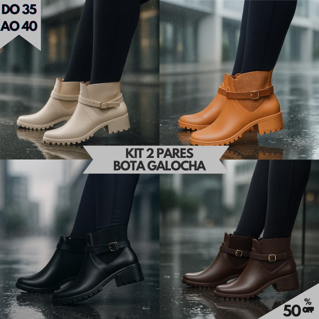Kit 2 Pares Bota Feminina Cano Curto Impermeável Para Chuva e Frio