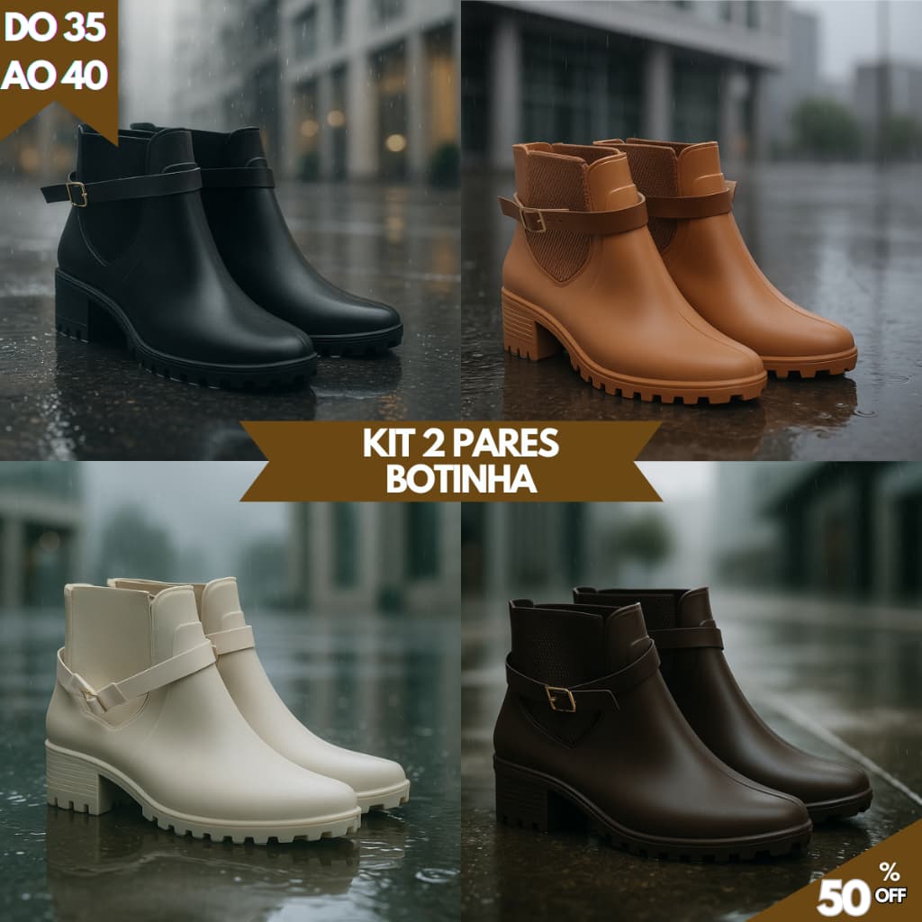 Kit 2 Pares Botinha Feminina Impermeável Leve e Macia Para o Dia a Dia
