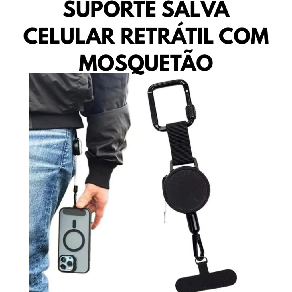 Suporte Salva Celular Retrátil Universal com Mosquetão Chaveiro de Segurança Antifurto e Anti-queda