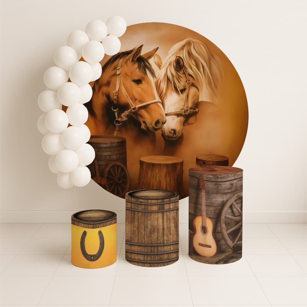 Painel Festa Aniversario Cavalos Country Rustico Cowboy Kit Cilindros Decoração Veste Facil REF 015.