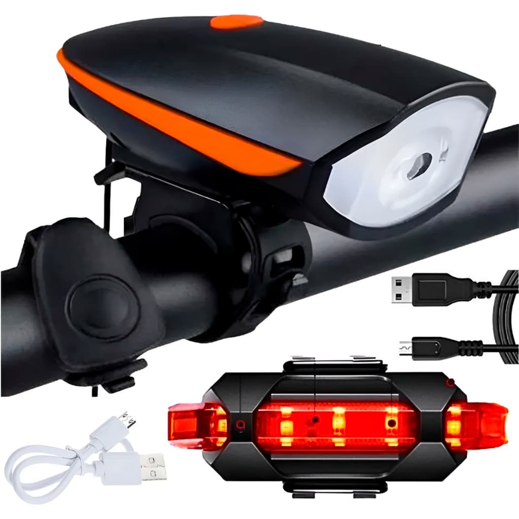 Sinalizador Traseiro + Farol Bike Led Buzina recarregável usb