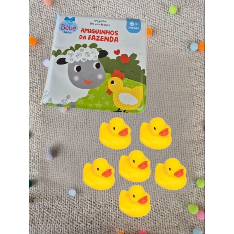 Kit Infantil – 6 Patinhos de Banho + Livro de Banho Amiguinhos da Fazenda | Aprendizado e Diversão | 6m+