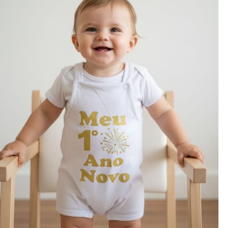 Jardineira bebê Meu 1° Natal Meu 1° Ano Novo Look Natalino Reveillon Baby Roupinha Mês versário
