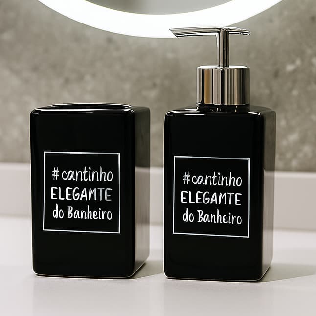 Kit Banheiro Porcelana 02 Peças 380ml Com Frase Cantinho Elegante
