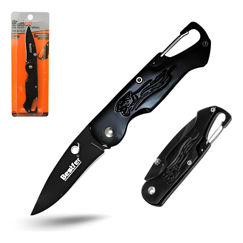 Canivete Camping Tático Com Flip Aço Inoxidável De Bolso - Preto