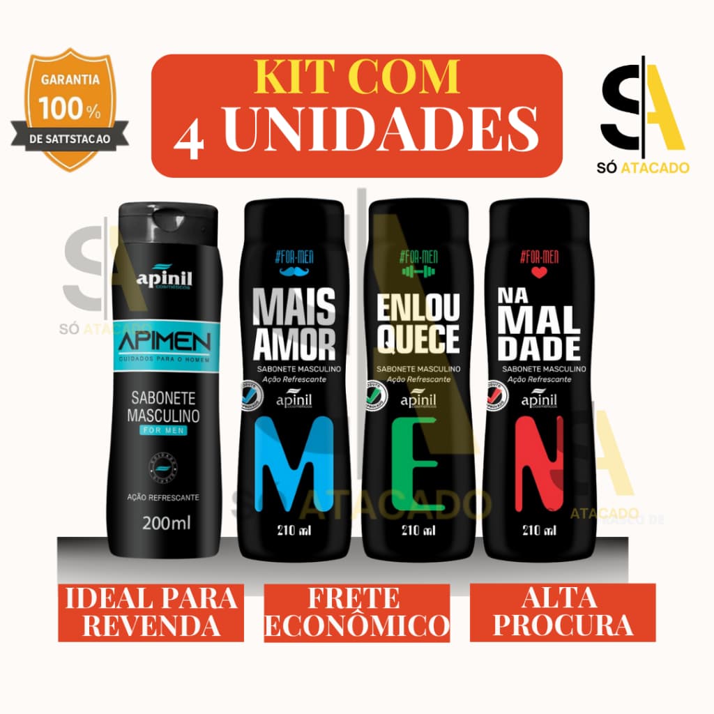 Kit 4 Und – Sabonete Masculino Apinil For Men 210ml | Ação Refrescante | Revenda e Atacado