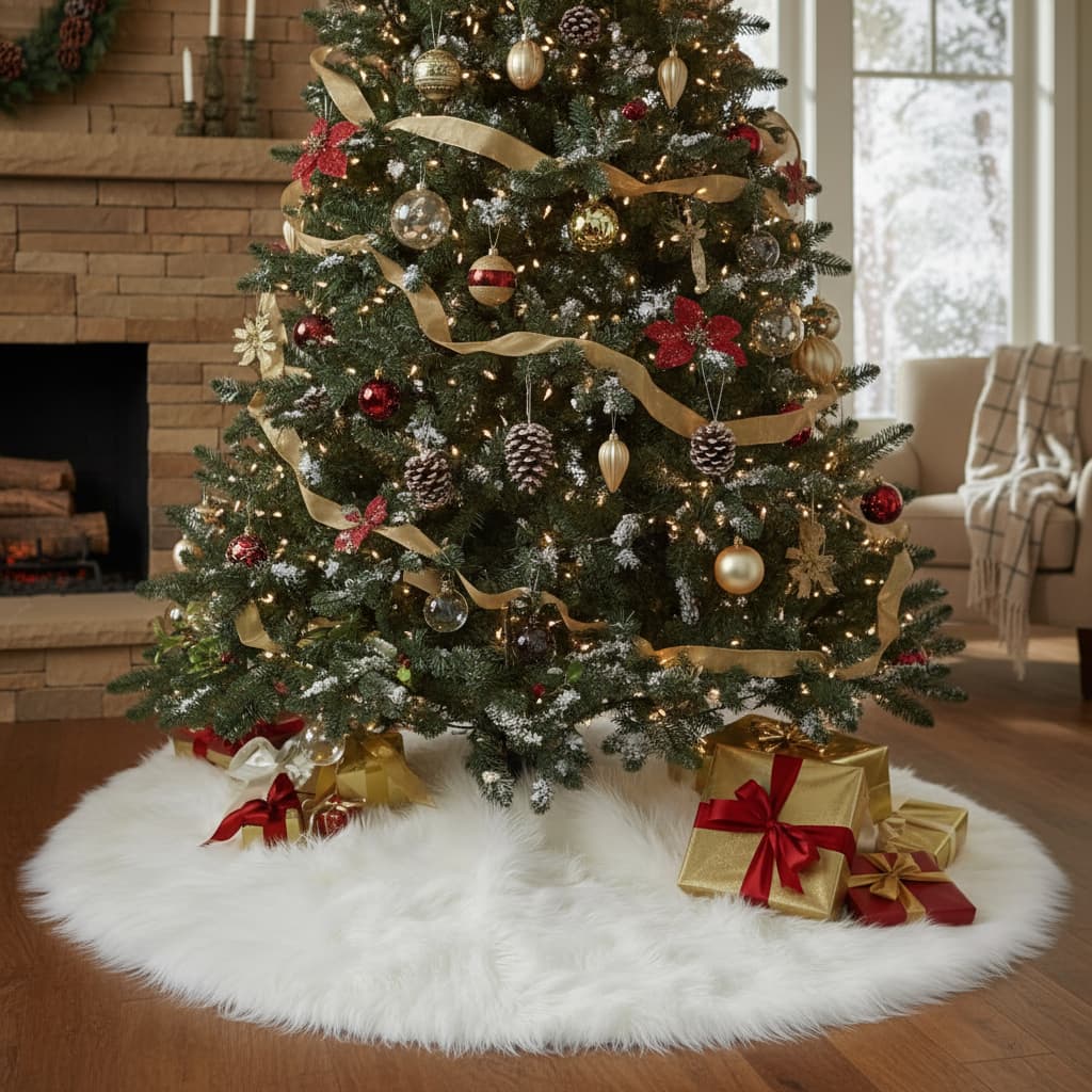 Saia P/ Arvore De Natal Pelúcia Pelo Alto 7cm Branca 140cm