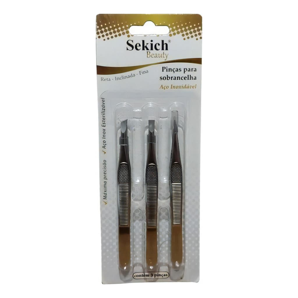 Kit 3 Pinças Profissionais Sekich Inox Reta Inclinada Fina Sobrancelha Depilação Pelos Encravados