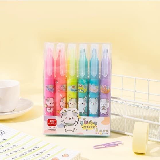 Marca-Texto Kawaii Ursinho Fun Day Kit 6 Cores Pastel Suaves e Fofas Ideal para Escola e Bullet Journal