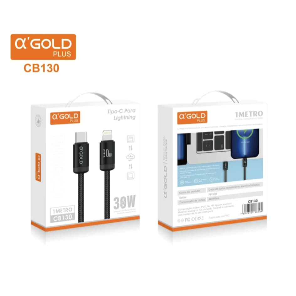 Cabo de iPhone Turbo 30W PD Tipo-C Para Lightning A' Gold CB130 - 1M Carregamento Super Rápido
