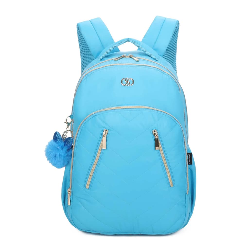 Mochila Escolar Para Menina De Costas Azul Claro Couro Acetinado Feminina