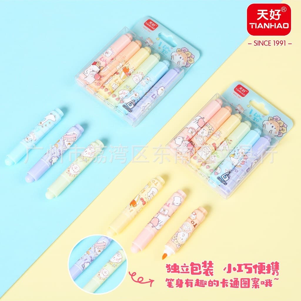 Marca Texto Pastel Fofo Kit 6 Cores – Caneta Marcador Kawaii para Estudo, Planner e Papelaria Estudantes Professores