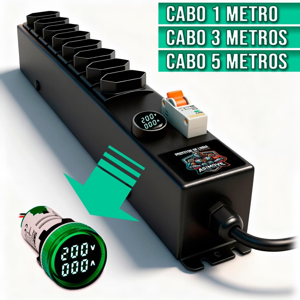 Filtro de Linha 20A C/ Disjuntor Voltímetro e Amperímetro 8 Tom. Extensão 20A 1mt, 3mt, 5mt ASIMOVE