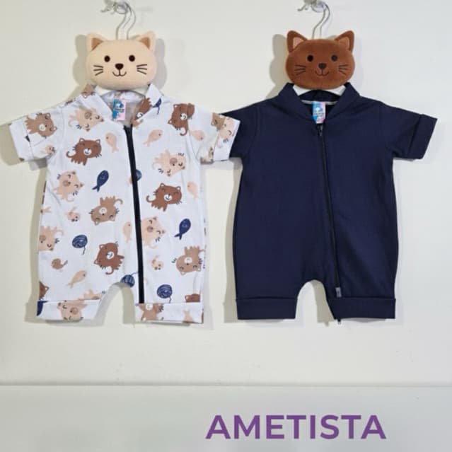 Kit 2 Macacões Curto de Verão com Zíper Bebê Menino | Liso + Estampado | Macacao Algodão Macaquinho