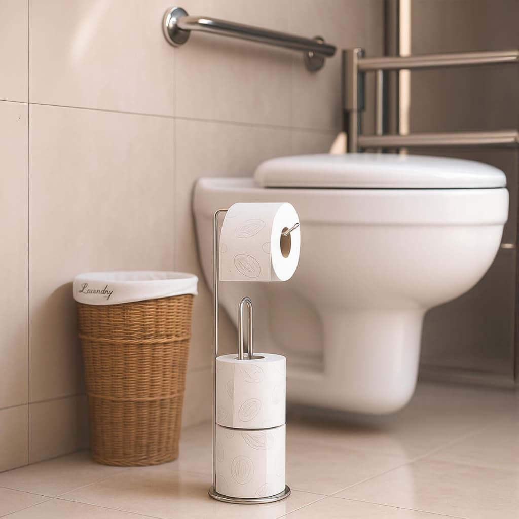 Porta Papel Higiênico de Chão Prateado para Banheiro Resistente Fácil Limpeza