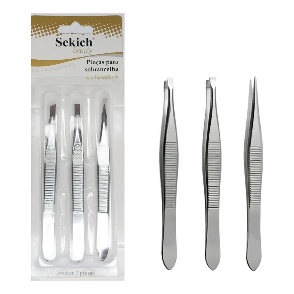 Kit 3 Pinças Inox de Precisão Sekich Beauty – Para Sobrancelhas e Depilação Facial com Resultado Profissional