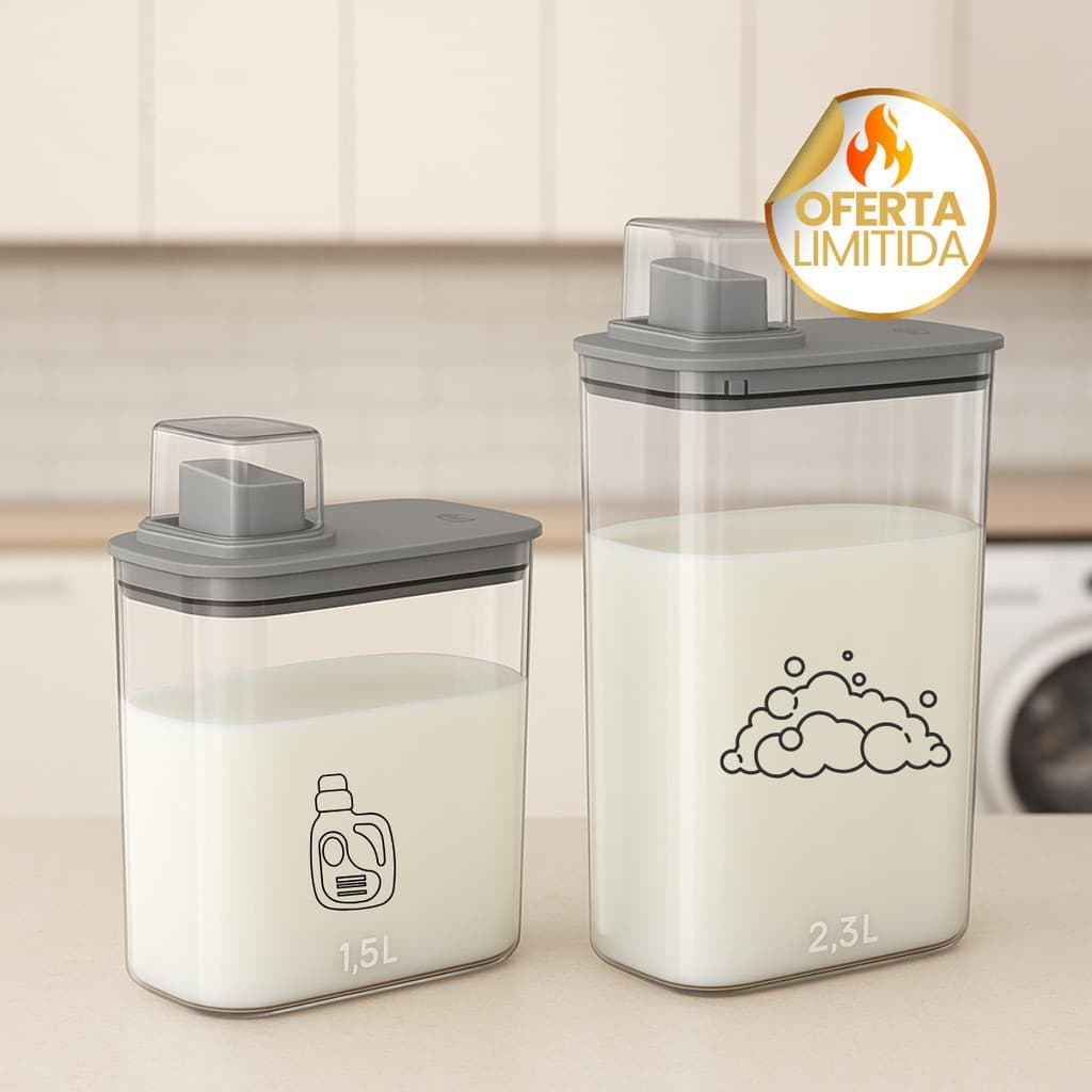 Kit Dispenser OU Flow Lavanderia 1,5L 2,3L Sabao Liquido Po Amaciante Organizador Casa