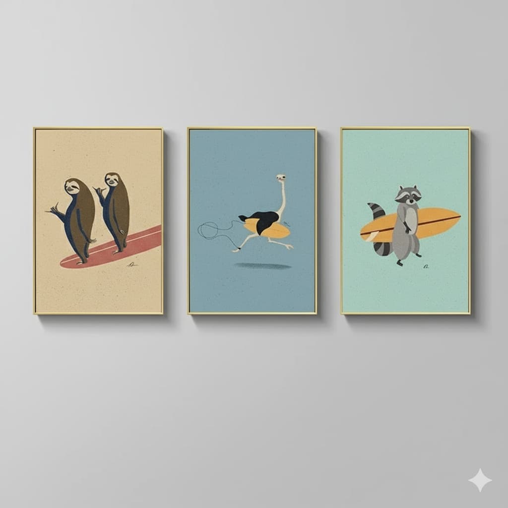 Quadro decorativo Nórdico animais de surf (3 peças - 40x60)